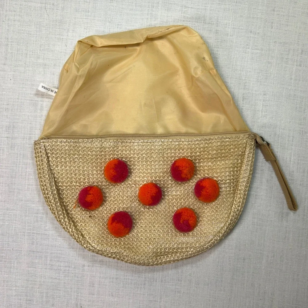Boho Straw Pompom Clutch Women Tan Orange Half Moon Zipper Pouch Summer Bag 12in